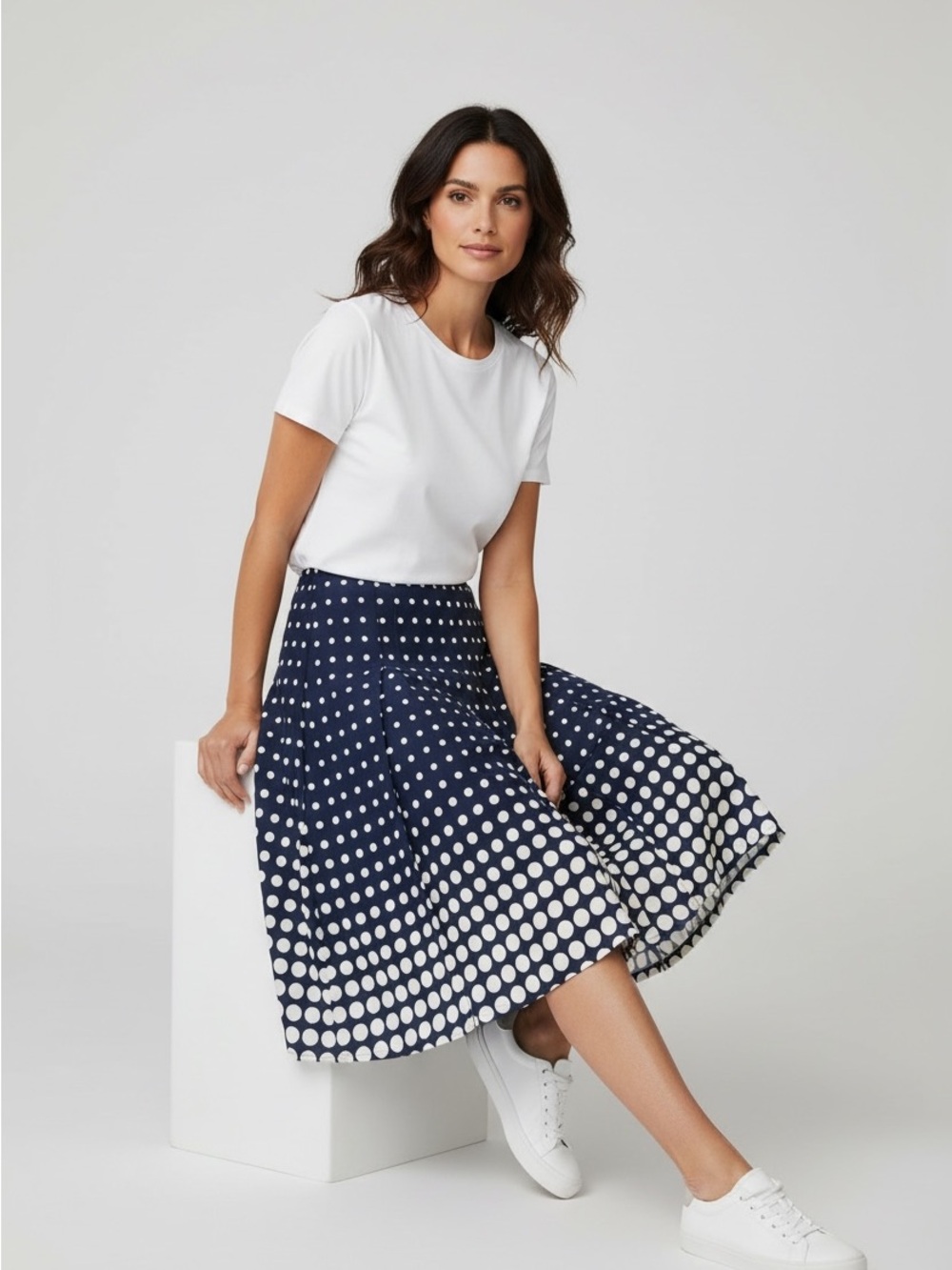 Jones New York Navy and White Polka Dot A-Line Skirt